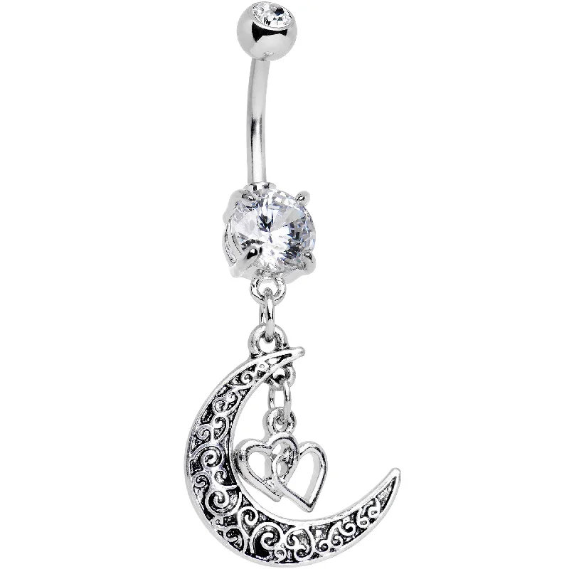 Stunning Belly Rings with Gorgeous Shine -Clear Gem Moon Full of Love Dangle Belly Ring