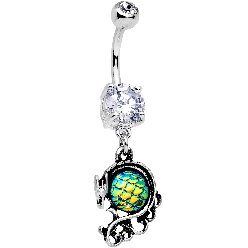 Stylish Belly Rings for Fashion-Forward Women -Clear CZ Gem Green Mermaid Scale Dragon Dangle Belly Ring