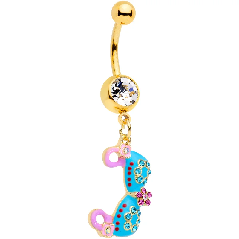 Designer Belly Rings for High-End Fashion -Clear Aqua Pink Gem Gold Tone Bikini Top Dangle Belly Ring