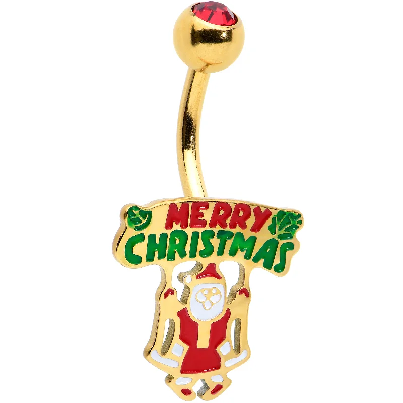 Stunning Belly Rings for Bold Fashion Statements -Red Gem Gold Tone Merry Christmas Santa Inlaid Belly Ring