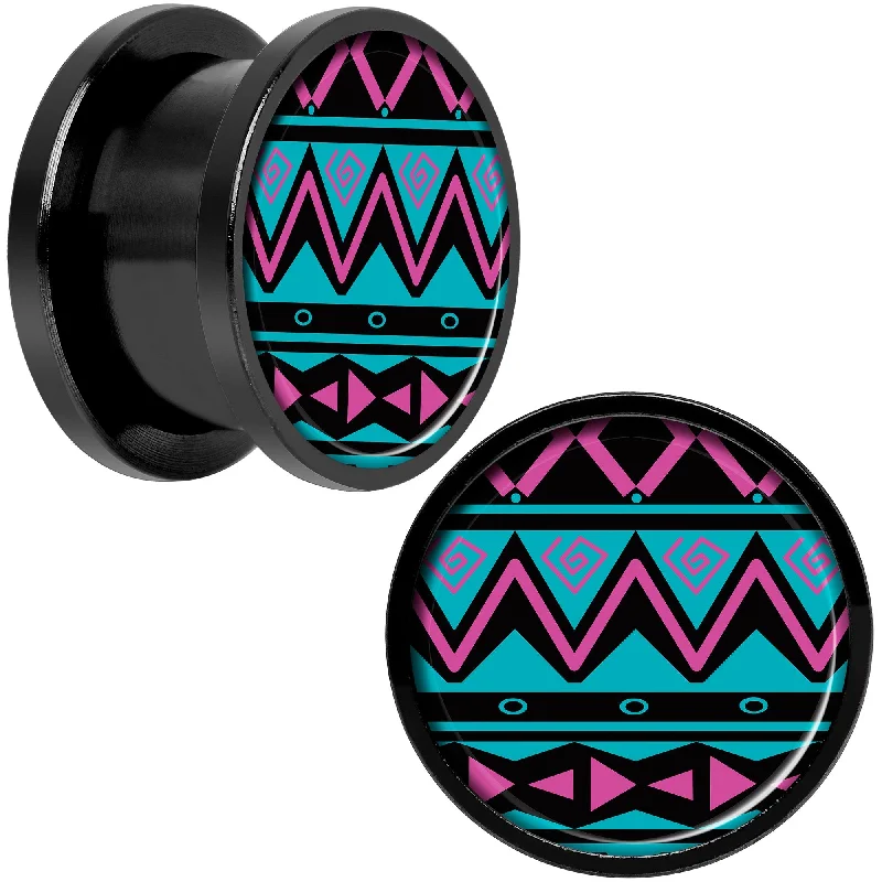 Women's Earrings – Elegant Designs for Every Personality--Pink Teal Tribal Print Black Anodized Screw Fit Plug Set 9/16