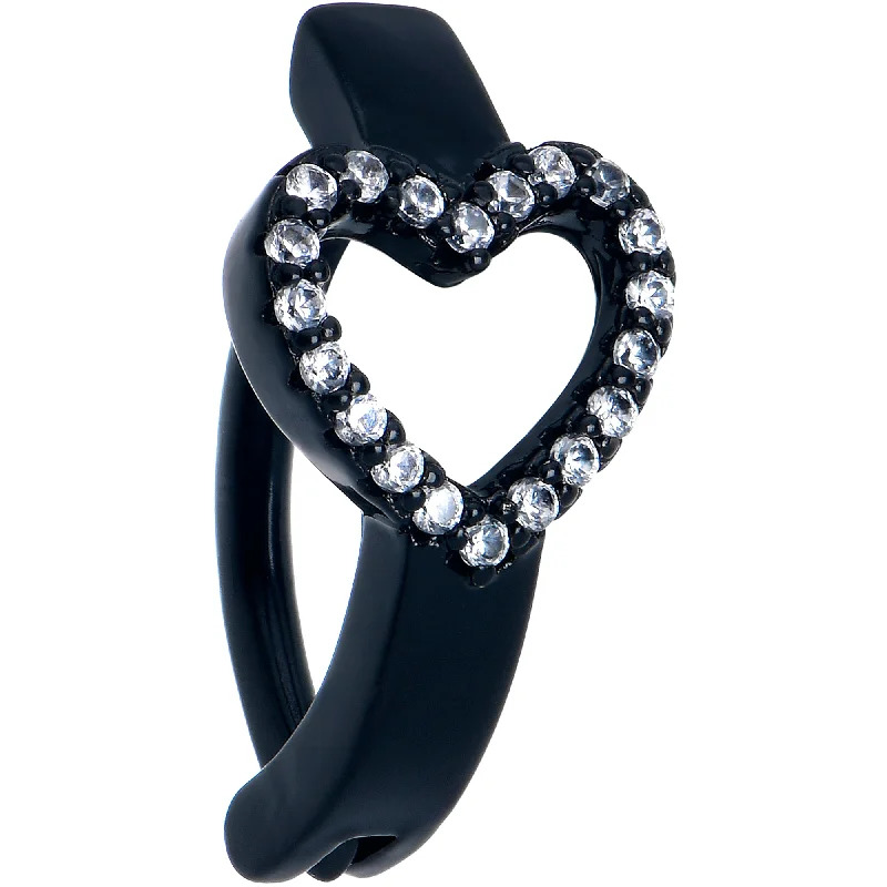 Trendy Belly Rings for Fashion-Loving Women -Clear CZ Gem Black Open Heart Forward Facing Hinged Belly Hoop