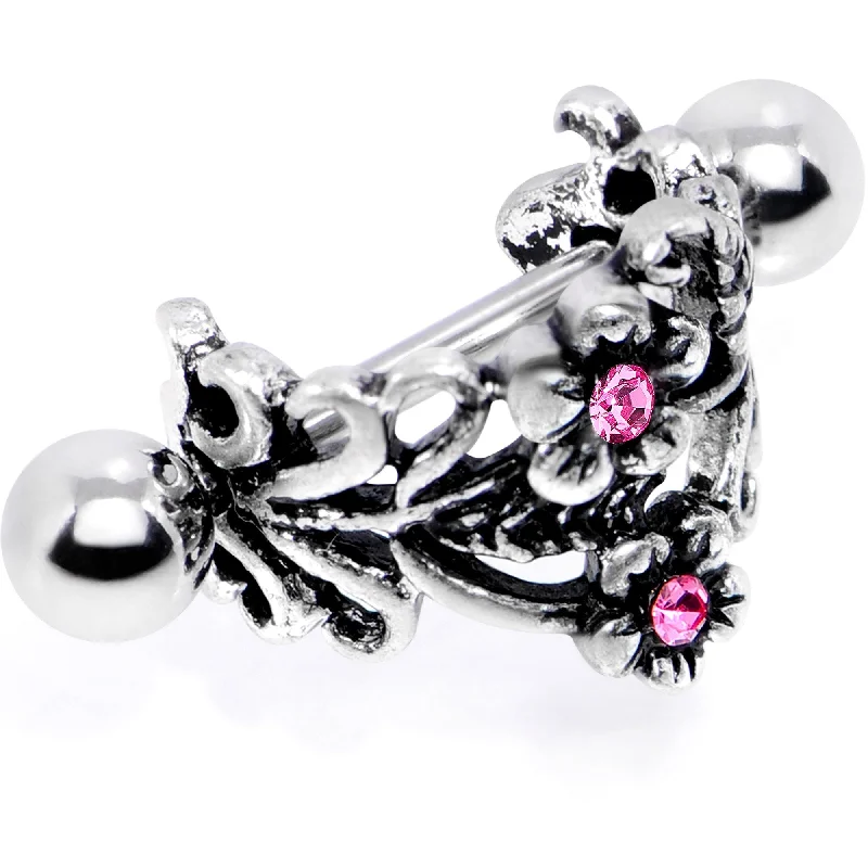 Women's Earrings – Elegant Designs for Every Personality--16 Gauge 1/2 Pink Gem Double Daisy Flower Cuff Cartilage Earring