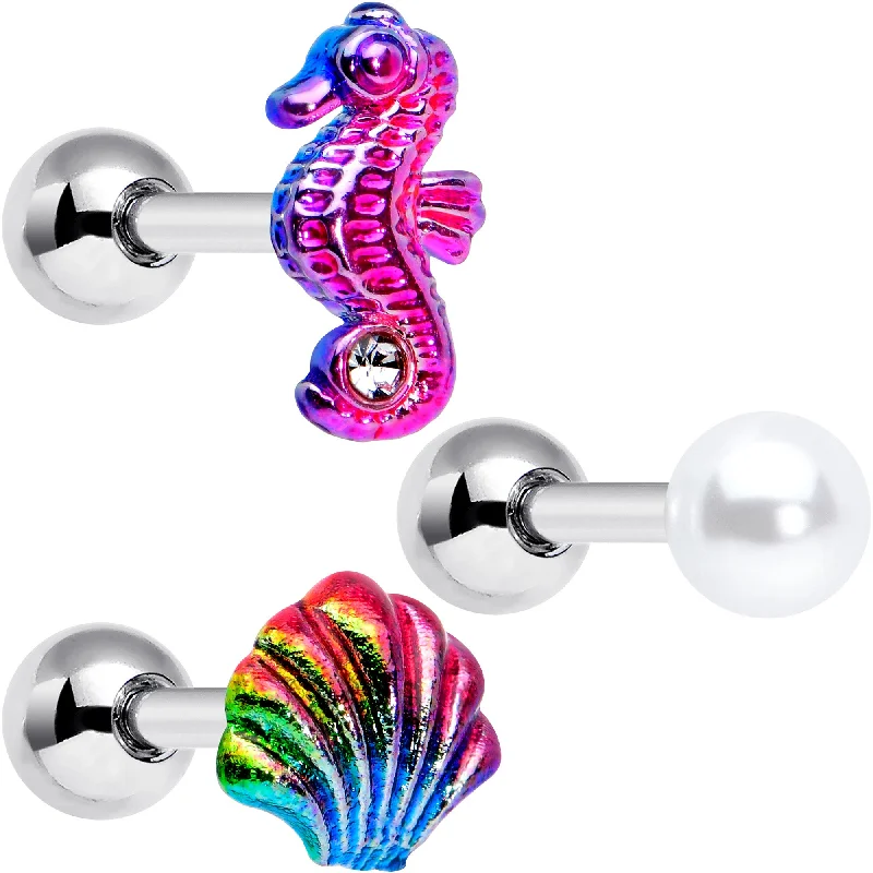 Women's Earrings – Elegant Designs for Every Personality--16 Gauge 1/4 Nautical Rainbow Shell Seahorse Cartilage Tragus Set of 3
