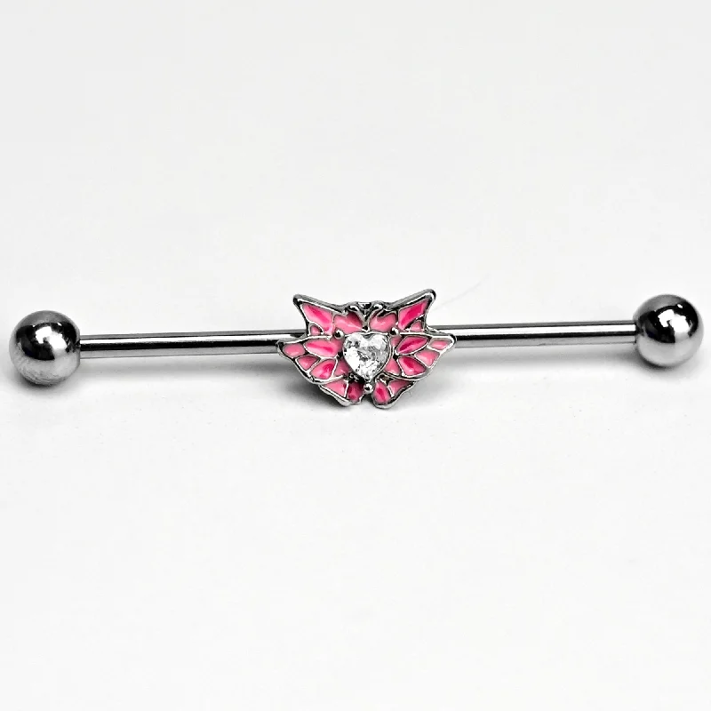 Women's Earrings – Elegant Designs for Every Personality--14 Gauge Clear Gem Heart Butterfly Pink Wings Industrial Barbell 38mm