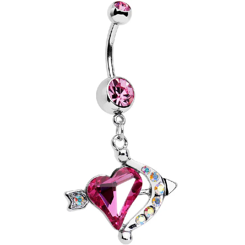 Designer Belly Rings for Fashion-Forward Women -Pink Aurora Gem Cupid Kiss Arrow and Heart Dangle Belly Ring