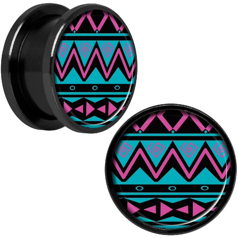 Women's Earrings – Elegant Designs for Every Personality--Pink Teal Tribal Print Black Anodized Screw Fit Plug Set 5/8