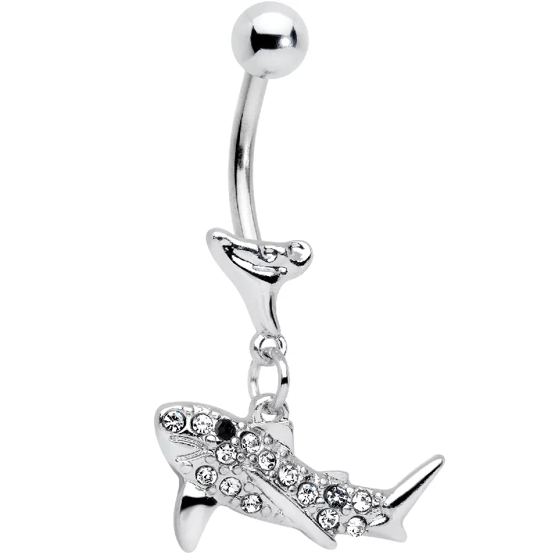 Comfortable Belly Rings with Stunning Detail -Clear Black Gem Shark Dangle Belly Ring
