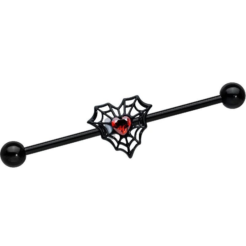 Women's Earrings – Elegant Designs for Every Personality--14 Gauge Red Gem Black Spider Heart Web Industrial Barbell 38mm