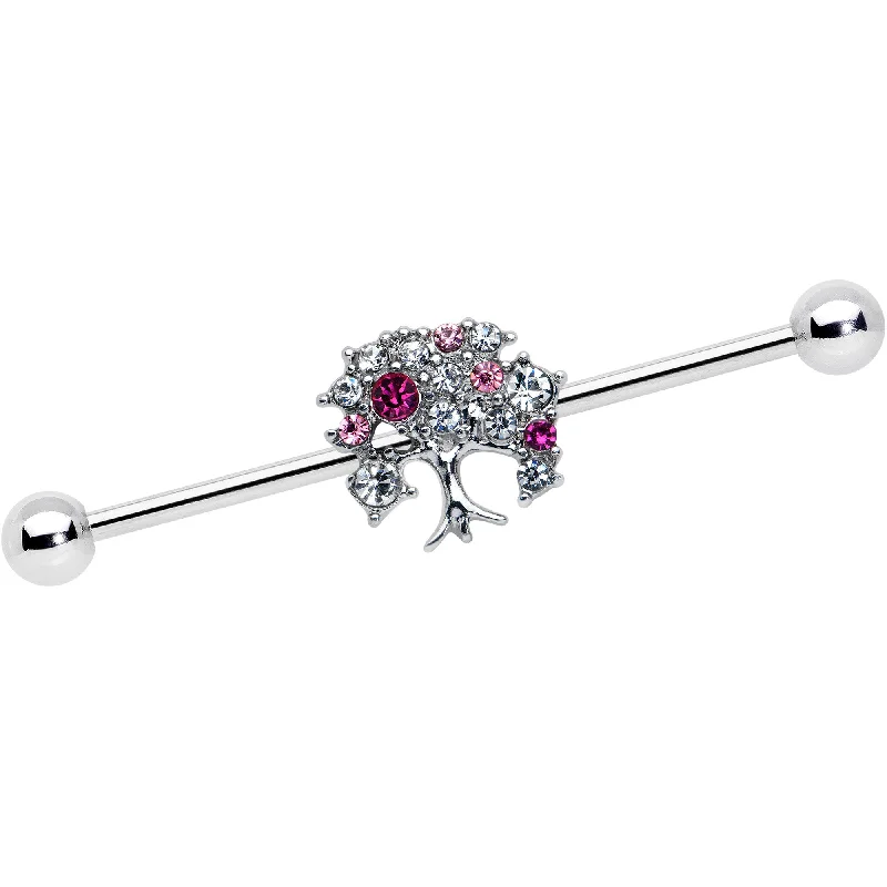 Women's Earrings – Elegant Designs for Every Personality--14 Gauge Clear Pink Gem Luscious Fruit Tree Industrial Barbell 38mm