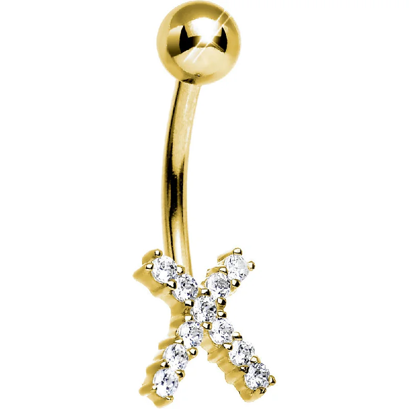 Designer Belly Rings for Exclusive Looks -16 Gauge Solid 14KT Yellow Gold Cubic Zirconia X-SPOT Belly Ring