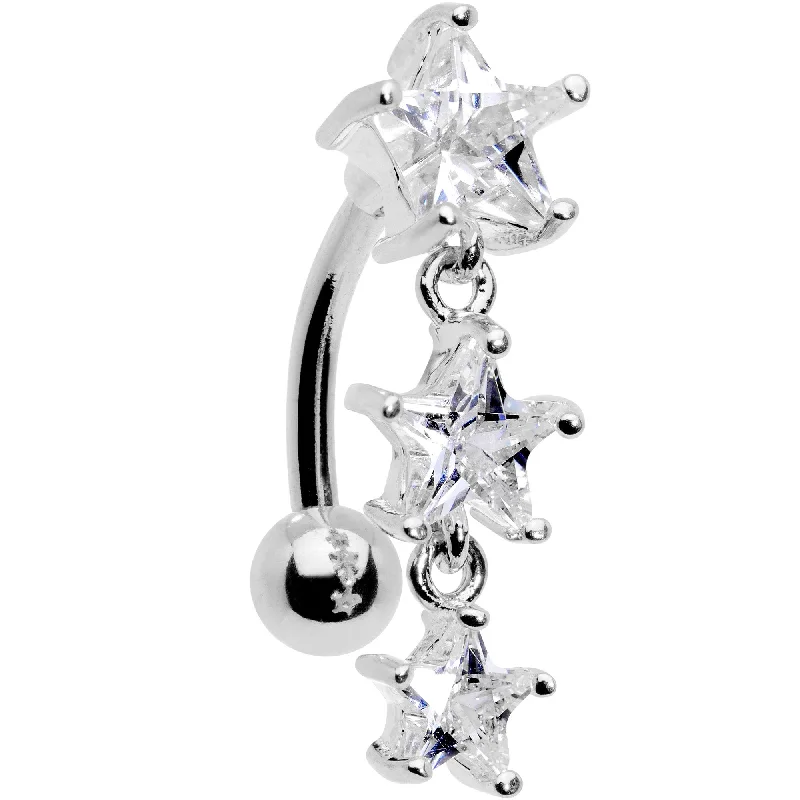 Comfortable Belly Rings for Long-Wear Fashion -Clear CZ Gem Triple Star Top Mount Dangle Belly Ring