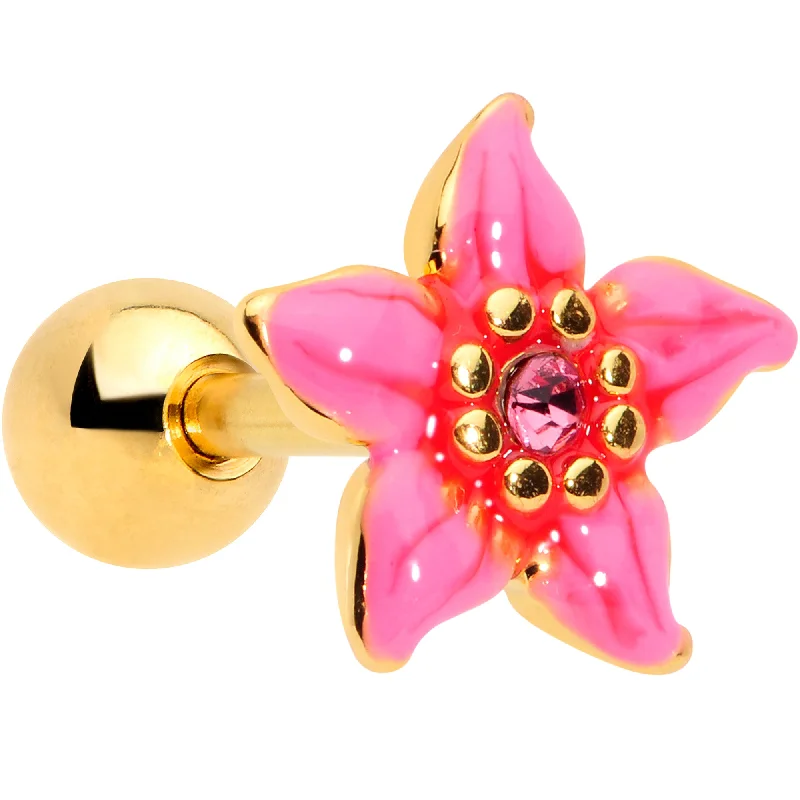 Women's Earrings – Elegant Designs for Every Personality--16 Gauge 1/4 Pink Gem Gold Tone Exotic Flower Cartilage Tragus