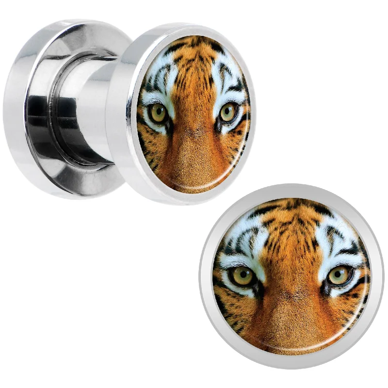 Women's Earrings – Elegant Designs for Every Personality--Full Color Tiger Eyes Steel Screw Fit Plug Set 2 Gauge