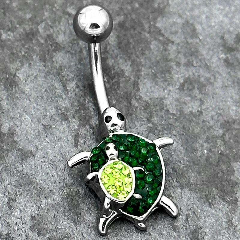 Stylish Belly Rings for Modern Fashion -Green Gem Turtle World Belly Ring
