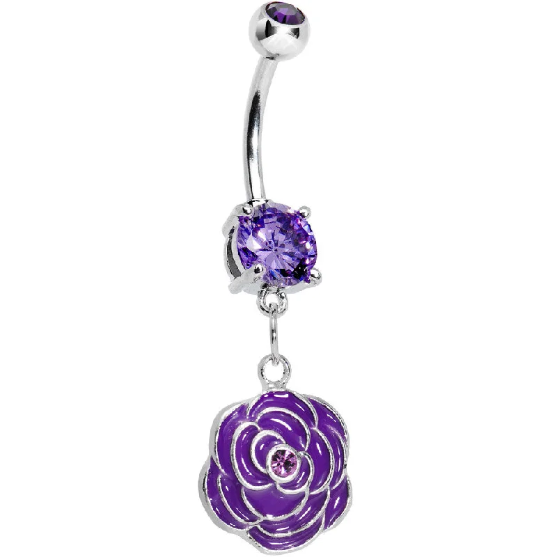 Belly Rings with Beautiful Detailing for Chic Style -Purple Gem Rose Flower in Bloom Belly Ring