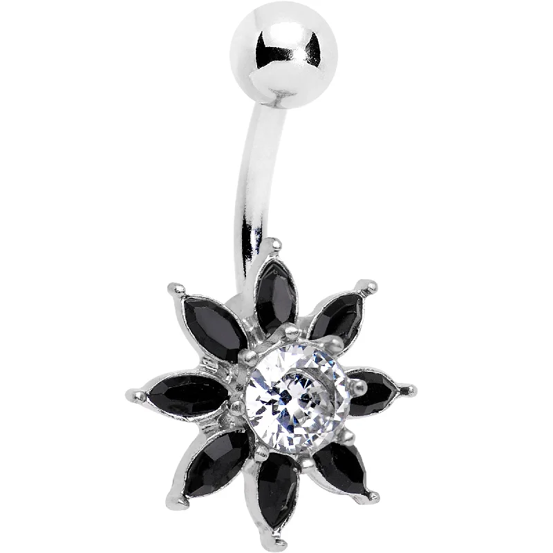 Sparkling Belly Rings for a Dazzling Effect -Clear Black Gem Flourishing Flower Belly Ring