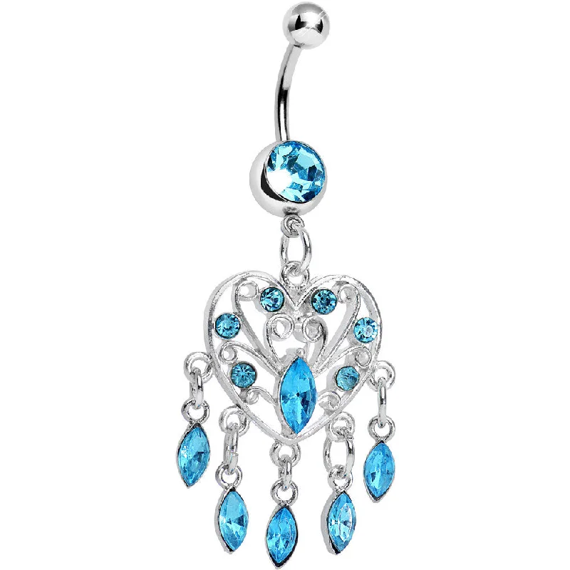 Belly Rings with Stylish Touch for Modern Women -Aqua Gem Shimmering Teardrop Heart Dangle Belly Ring