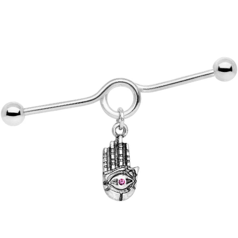 Women's Earrings – Elegant Designs for Every Personality--Pink Gem Hamsa Eye Industrial Barbell 38mm