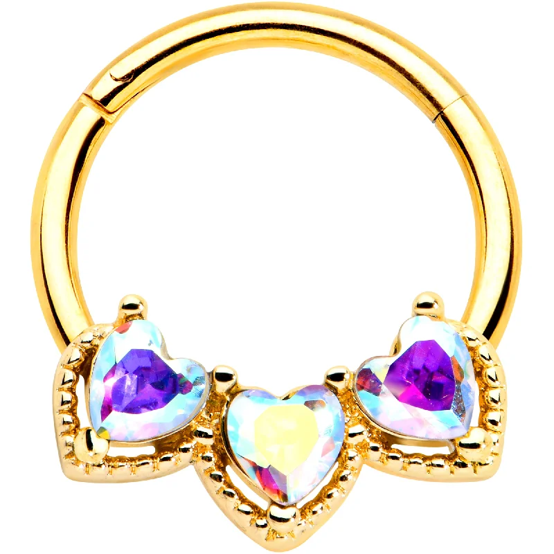 Women's Earrings – Elegant Designs for Every Personality--16 Gauge 3/8 Aurora Gem Gold Hue Rococo Trio Heart Hinged Segment Ring