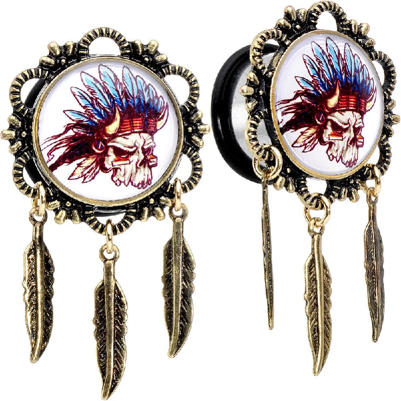 Women's Earrings – Elegant Designs for Every Personality--5/8 Steel Indian Skull Single Flare Feather Dangle Plug Set