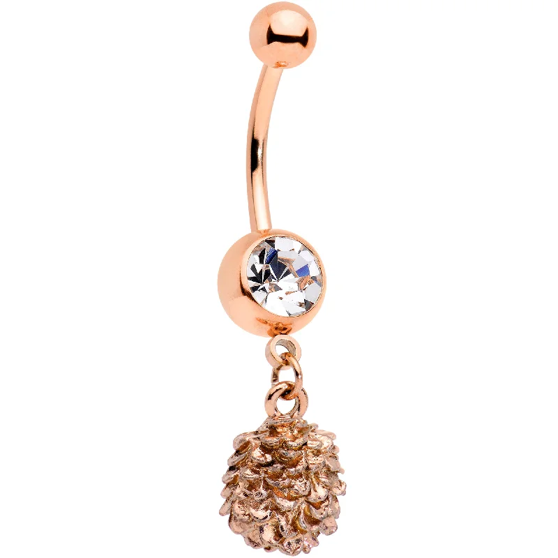 Trendy Belly Rings with Vibrant Details -Clear Gem Rose Gold Tone Autumn Pine Cone Dangle Belly Ring