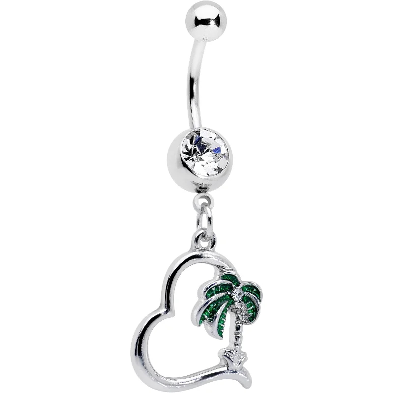 Beautiful Belly Rings for Trendy Women -Clear Gem Palm Tree Love Heart Dangle Belly Ring