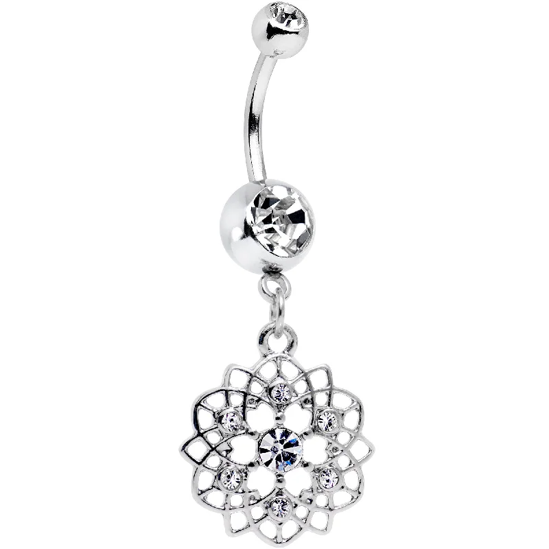Unique Belly Rings for Creative Piercings -Clear Gem Twist Flower Dangle Belly Ring