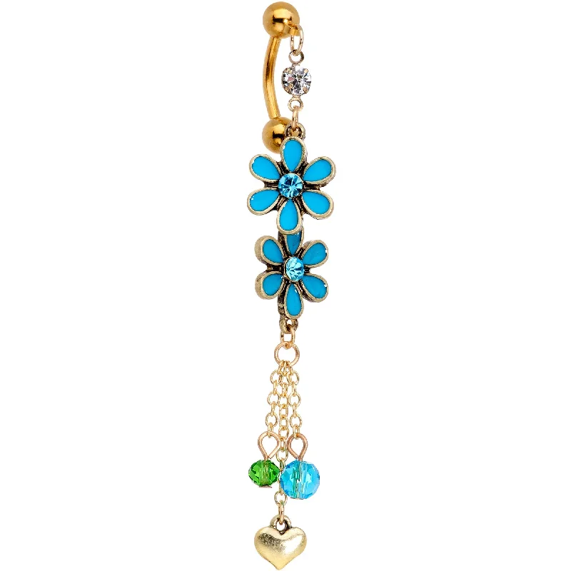 Comfortable Belly Rings with Polished Finish -Blue Green Gem Gold PVD Double Daisy Flower Top Mount Dangle Belly Ring