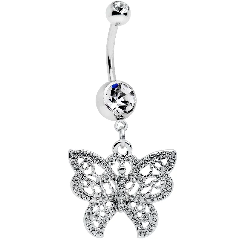 Trendy Belly Rings for Chic Look -Clear CZ Gem Ultra Luxe Butterfly Dangle Belly Ring