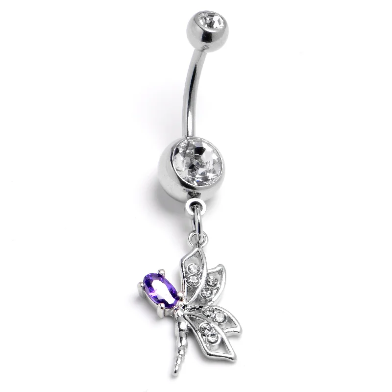 Unique Belly Rings with Sparkling Features -Purple Clear Gem Divine Dragonfly Dangle Belly Ring