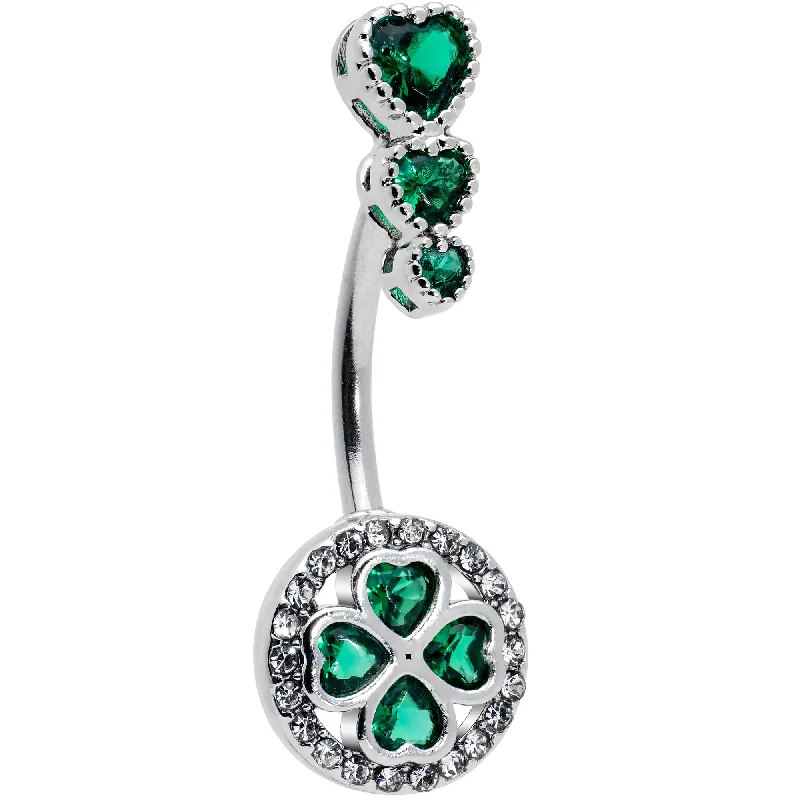 Trendy Belly Rings for Bold Fashionistas -Green Clear Gem Triple Drop Heart Shamrock Double Mount Belly Ring