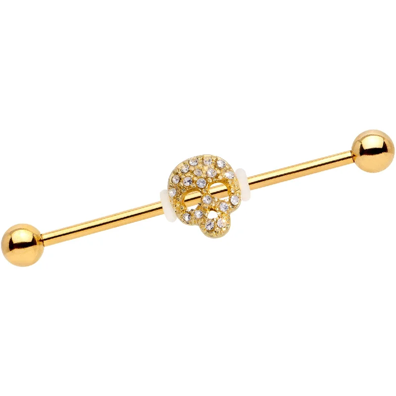 Women's Earrings – Elegant Designs for Every Personality--Clear Gem Skull Charm Gold Anodized Straight Industrial Barbell 38mm