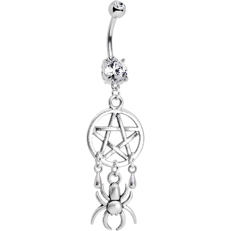 Stunning Belly Rings with Sparkling Stones -Handcrafted Clear Gem Pentagram Spider Dangle Belly Ring