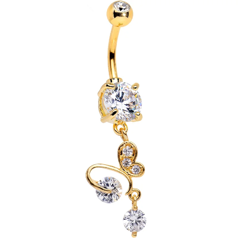 Belly Rings with Beautiful Detailing -Clear Gem Gold PVD Wings of Decadence Dangle Belly Ring