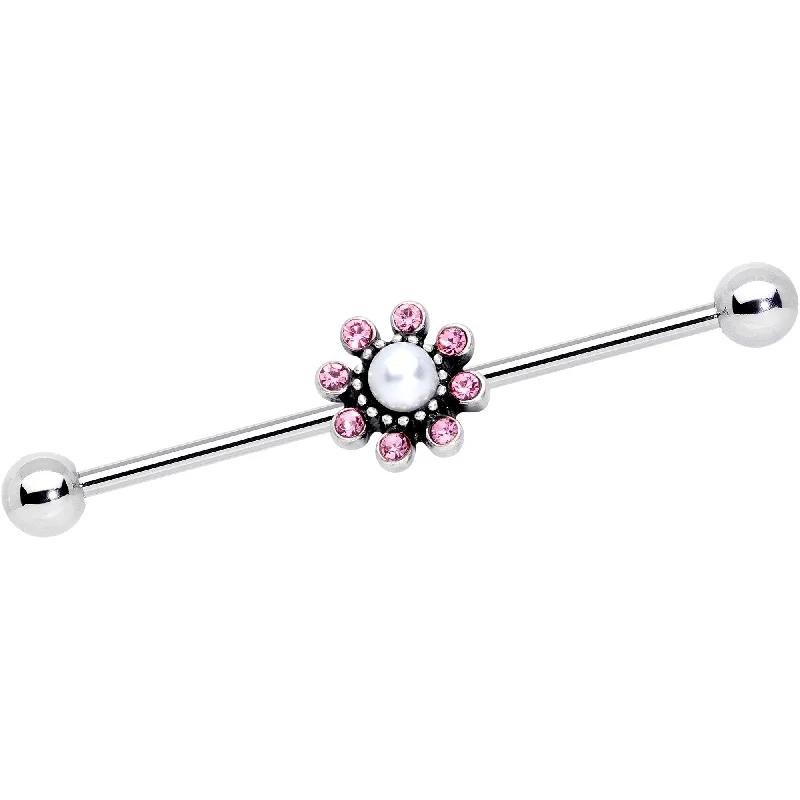 Women's Earrings – Elegant Designs for Every Personality--14 Gauge Pink Gem Pearlescent Flower Industrial Barbell 38mm Women's Earrings – Elegant Designs for Every Personality--14 Gauge Pink Gem Pearlescent Flower Industrial Barbell 38mm