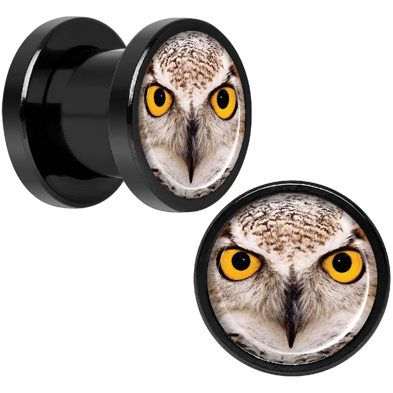 Women's Earrings – Elegant Designs for Every Personality--Full Color Owl Black Anodized Screw Fit Plug Set 0 Gauge