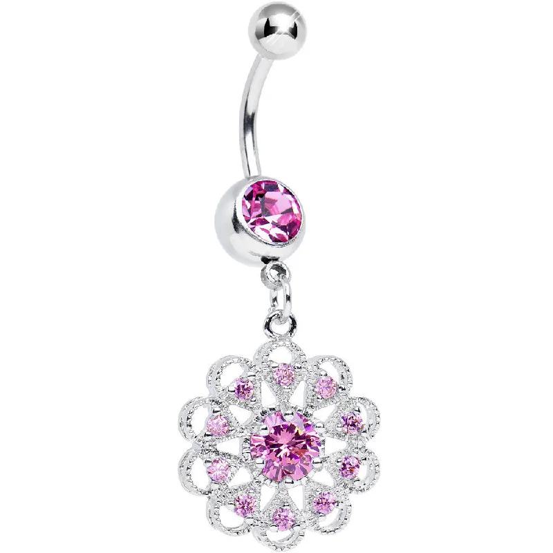 Simple Belly Rings with Elegant Accents -Pink CZ Round Crystal Flower Dangle Belly Ring