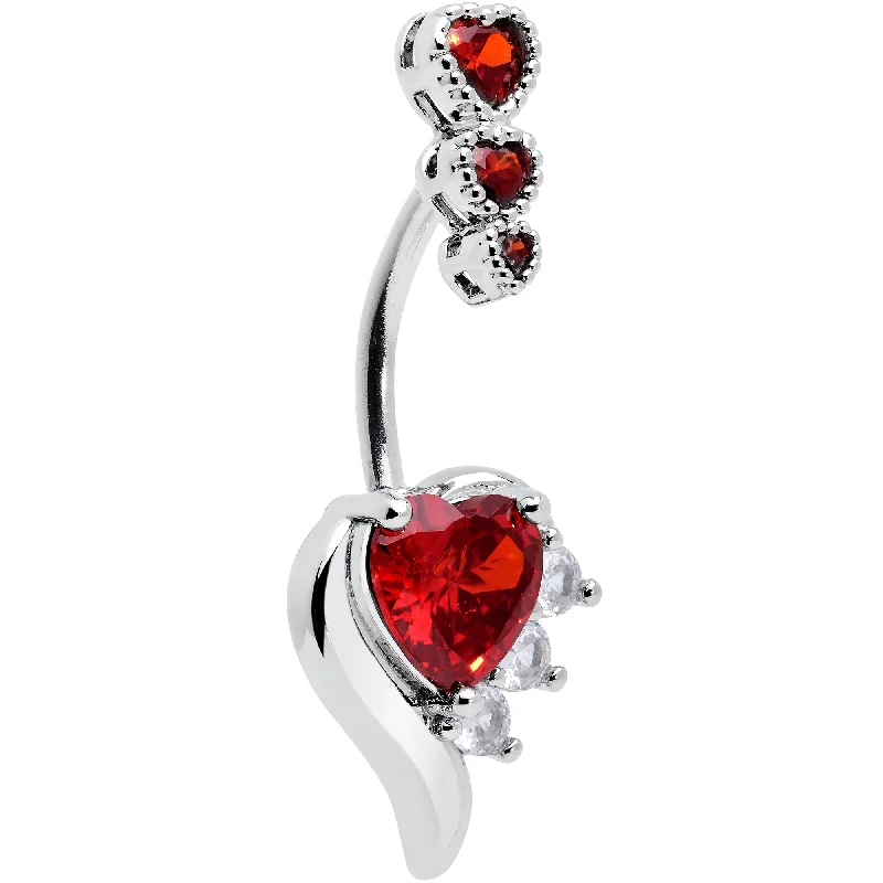 Trendy Belly Rings for Chic Fashion -Red CZ Gem Triple Drop Flare Heart Valentine Double Mount Belly Ring