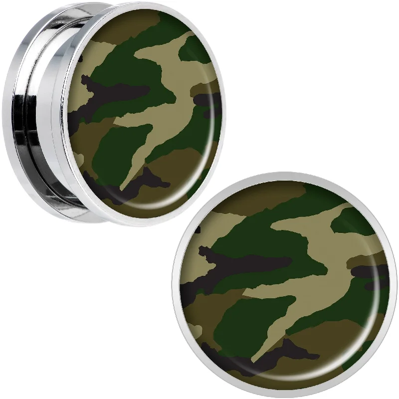 Women's Earrings – Elegant Designs for Every Personality--Woodland Camo Print Steel Screw Fit Plug Set 20mm
