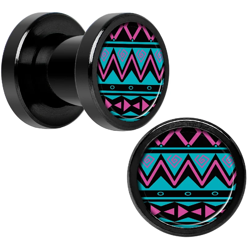 Women's Earrings – Elegant Designs for Every Personality--Pink Teal Tribal Print Black Anodized Screw Fit Plug Set 2 Gauge