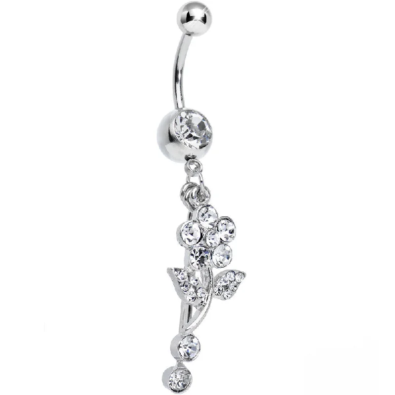 Comfortable Belly Rings for Long Wear -Clear Gem Sparkling Crystalline Daisy Flower Dangle Belly Ring
