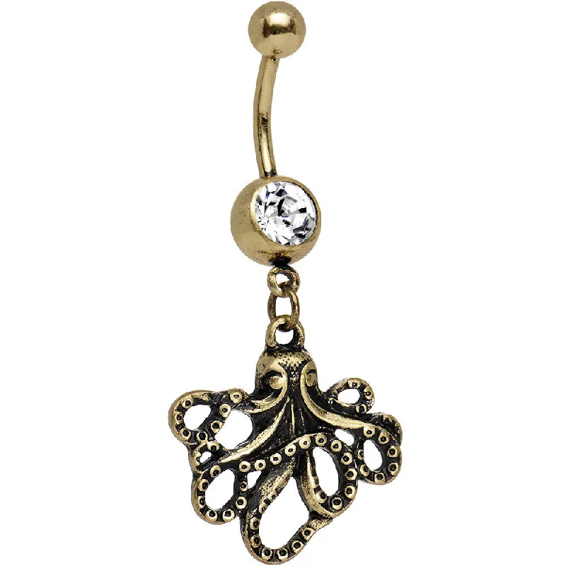 Stylish Belly Rings for Glamorous Look -Clear Anodized Antiqued Octopus Dangle Belly Ring