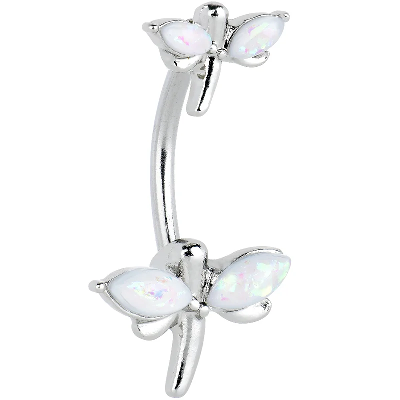 Trendy Belly Rings for Special Fashion -White Opalescent Simple Stylized Dragonfly Double Mount Belly Ring