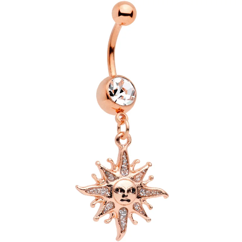 Comfortable Belly Rings for Active Fashionistas -Clear Gem Rose Gold Tone Heavenly Sun Dangle Belly Ring