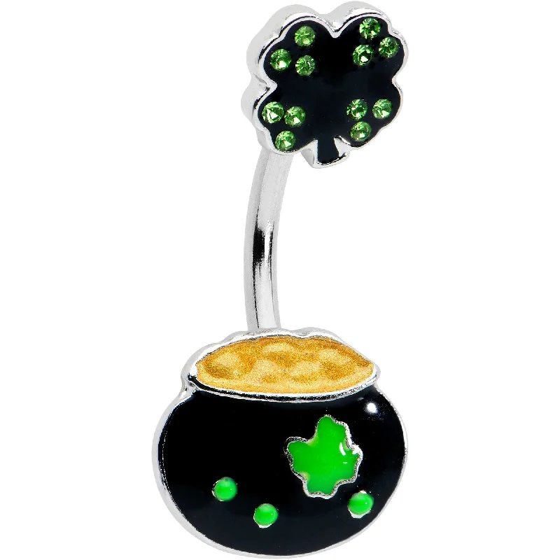 Comfortable Belly Rings for Simple Looks -Green Gem Shamrock Pot Of Gold Black Double Mount Belly Ring