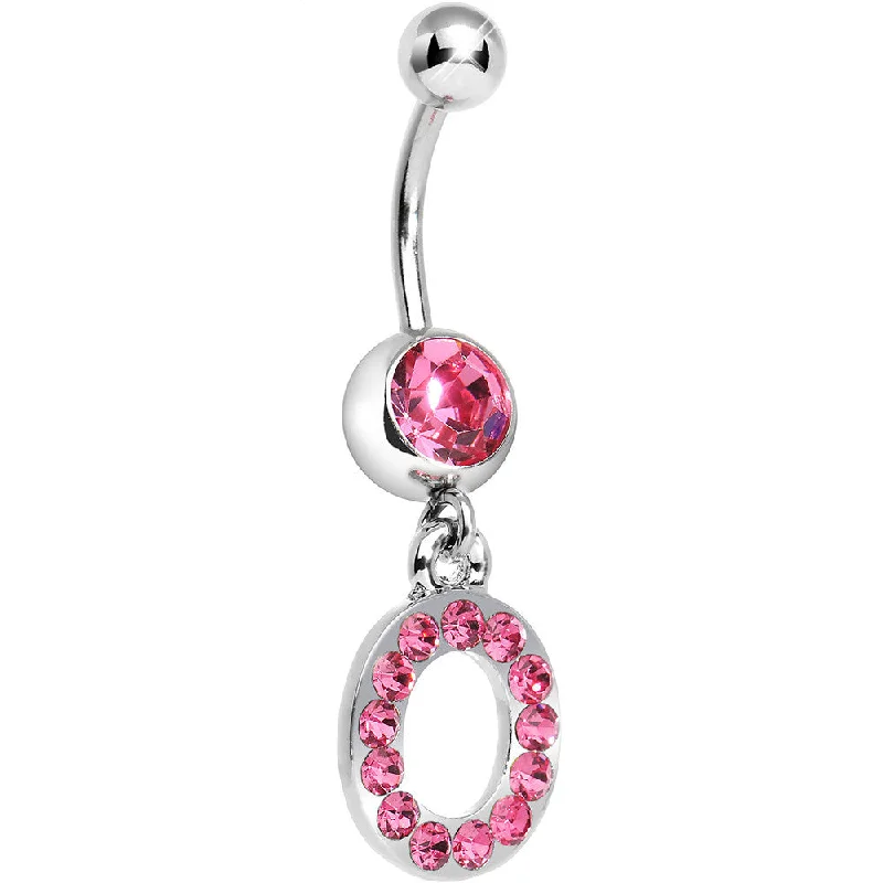 Belly Rings with Classic Design for Timeless Appeal -Pink Gem Letter O Initial Dangle Belly Ring