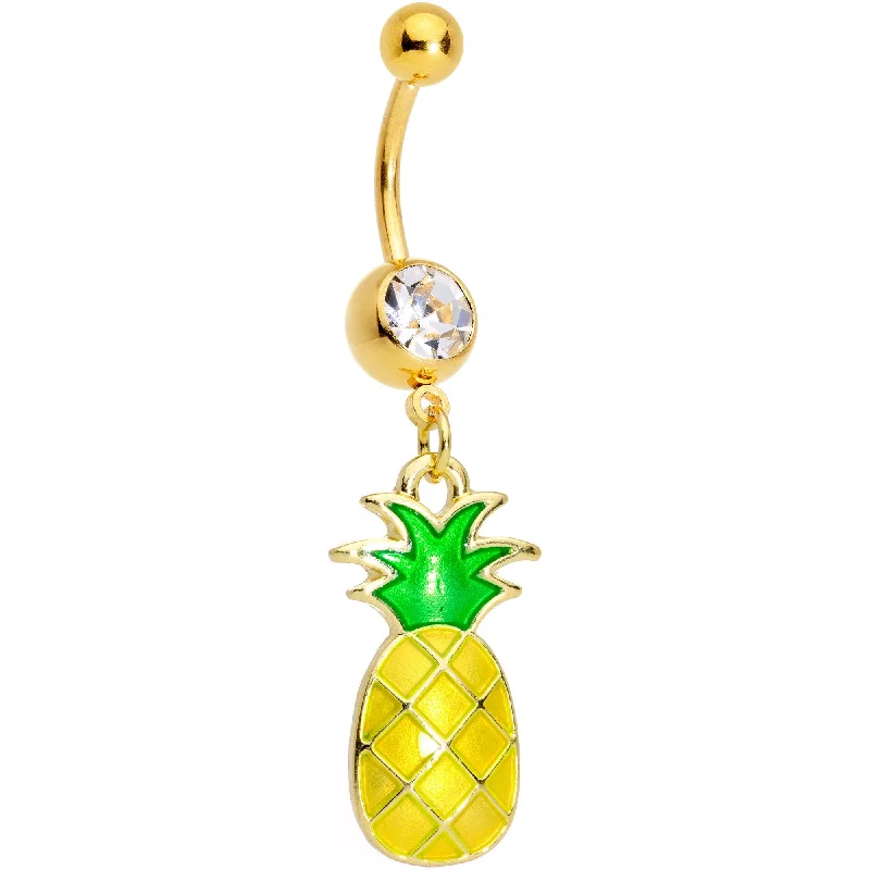 Designer Belly Rings for Fashion-Forward Women -Clear Gem Gold Tone Pineapple Dangle Belly Ring