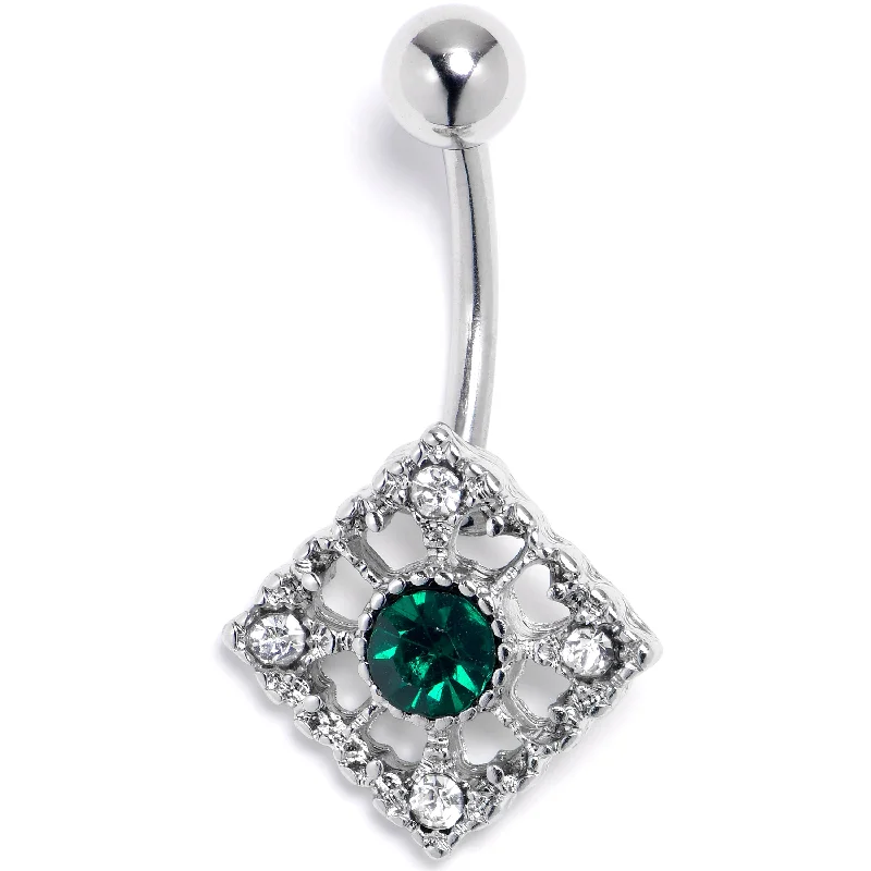 Trendy Belly Rings for Statement Fashion -Clear Green Gem Retro Beauty Style Rhombus Belly Ring