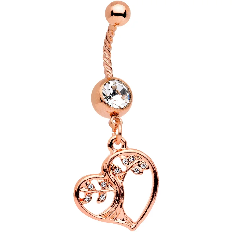 Comfortable Belly Rings with Chic Finish -Clear Gem Rose Gold Tone Tree of Love Twisted Dangle Belly Ring
